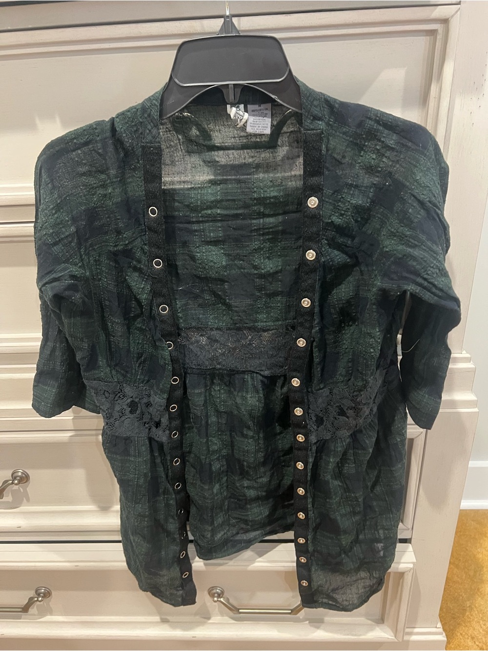 BKE Dark Green Plaid Button-Trim Open Front Shirt